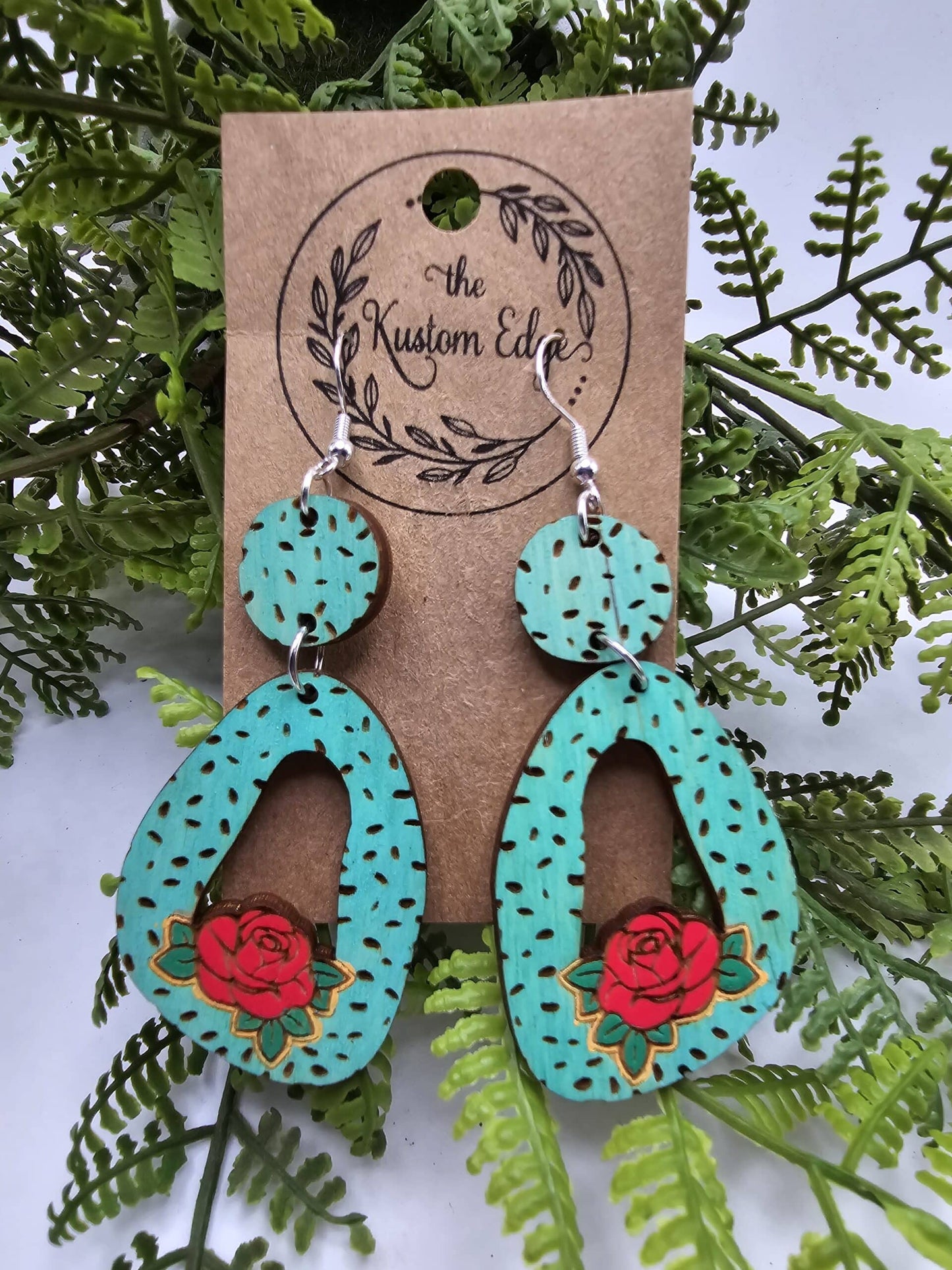 Hand Painted Rose Aqua Wooden Earrings image 0