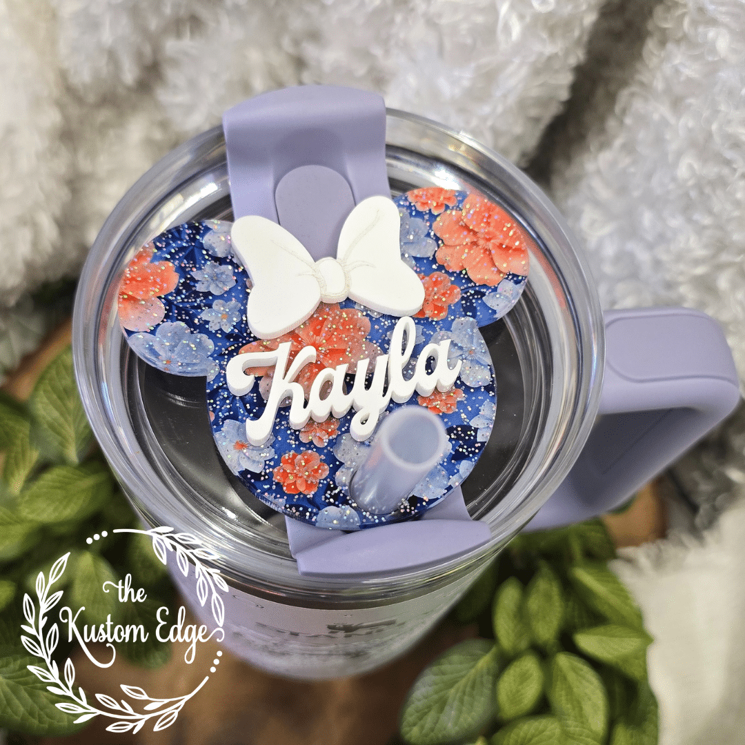 Blue and Coral Flowers Glitter Mouse Ears Tumbler Topper image 0