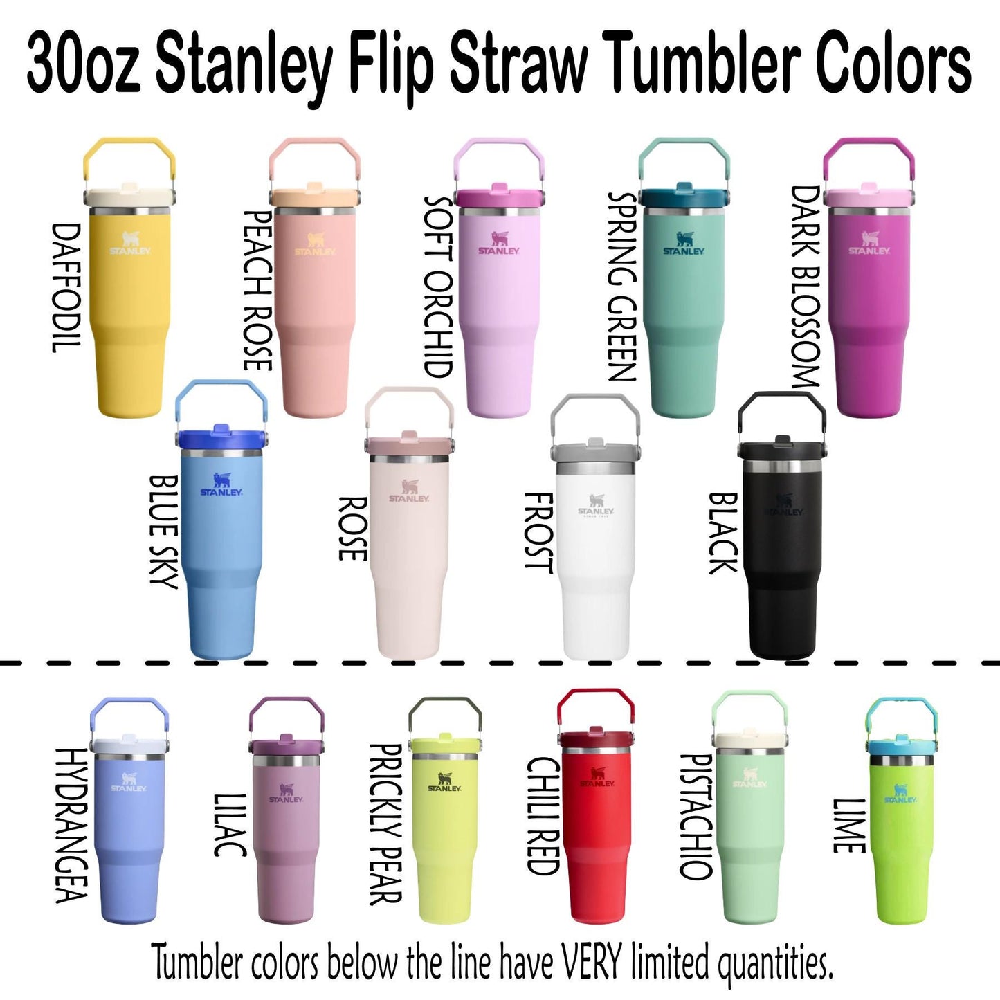 a collection of 30 oz Stanley Flip Straw Tumblers in various colors, including yellow, peach, pink, soft orchid, spring green, dark blossom, blue sky, rose, frost, black, and lime. The tumblers are arranged in rows, with each row representing a different color. The image also includes a caption that states that the tumbler colors below the line have very limited quantities.