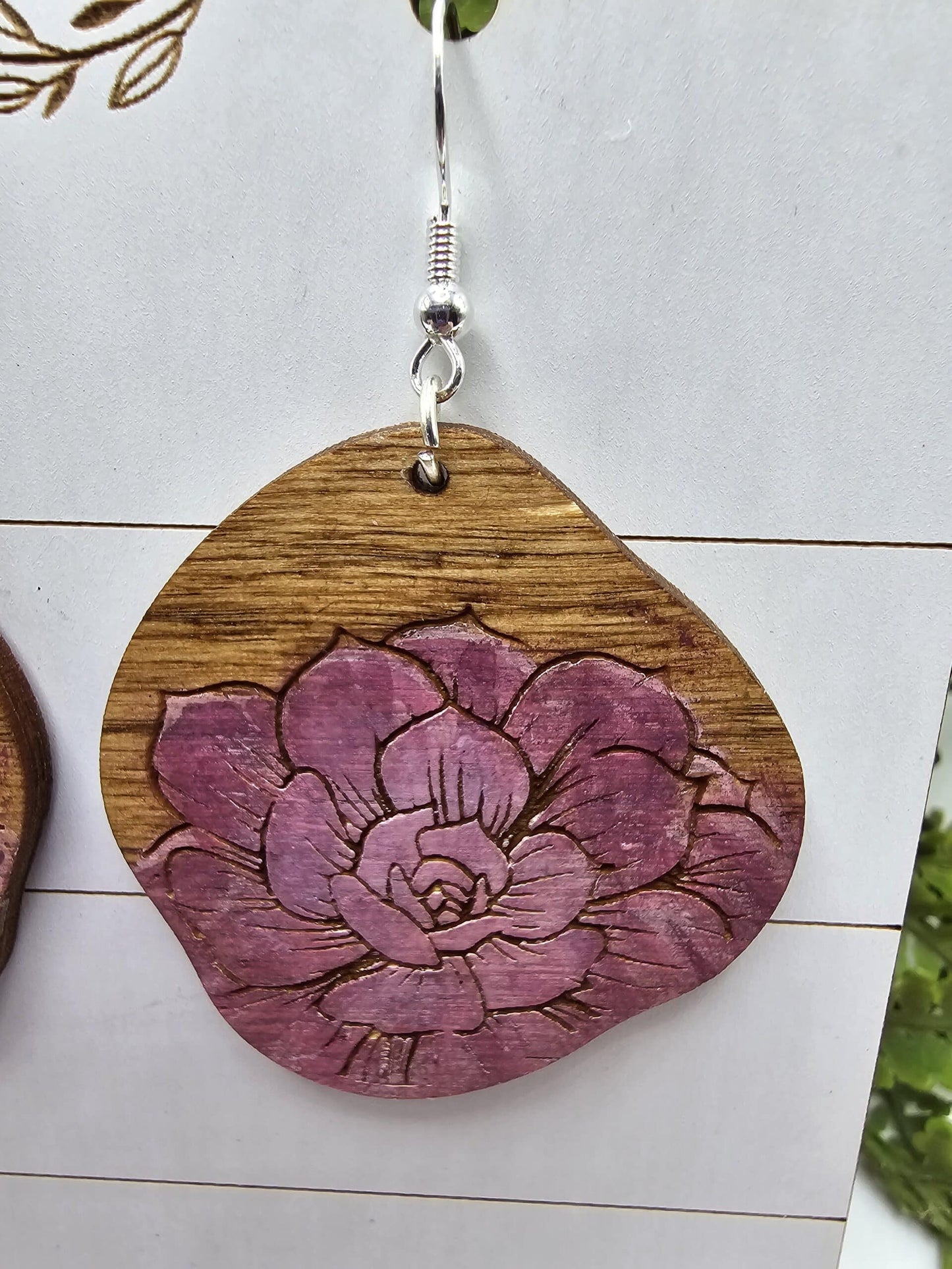 Hand Painted Rose Wooden Earrings image 1