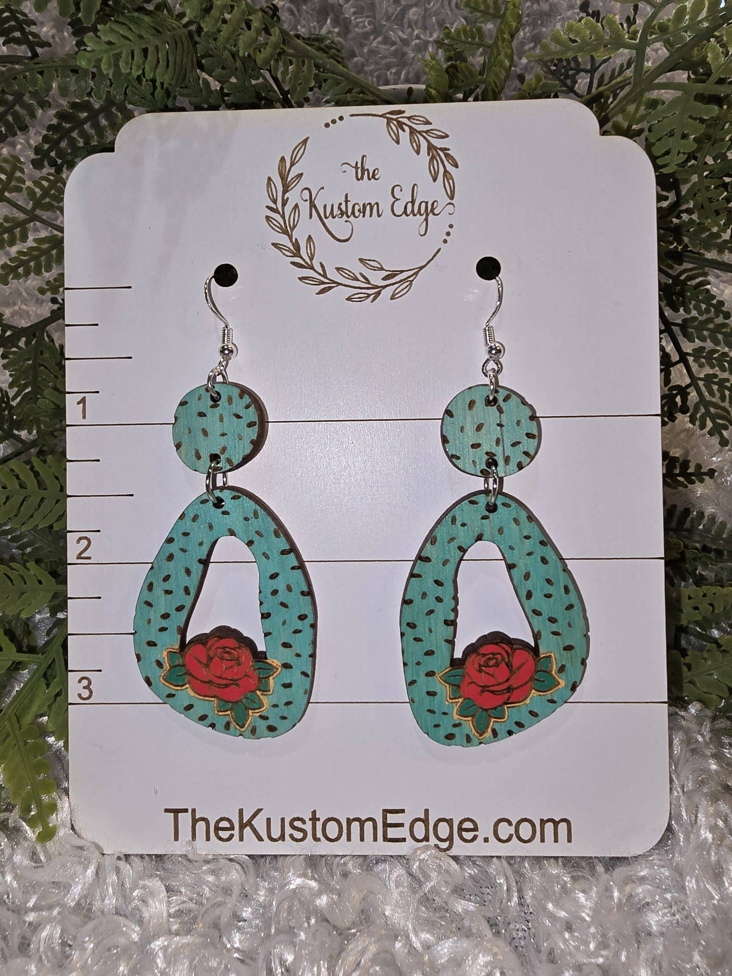 Hand Painted Rose Aqua Wooden Earrings image 2