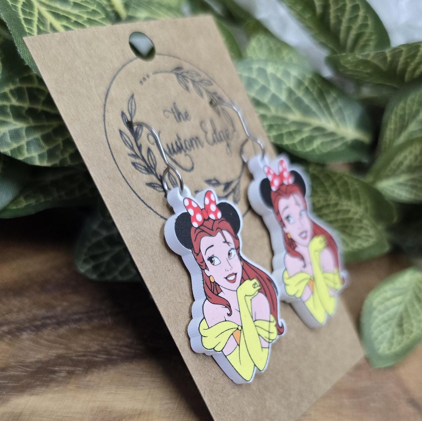 Princess Belle Acrylic Earrings: Gold Glitter, Stainless Steel, Magical Mouse