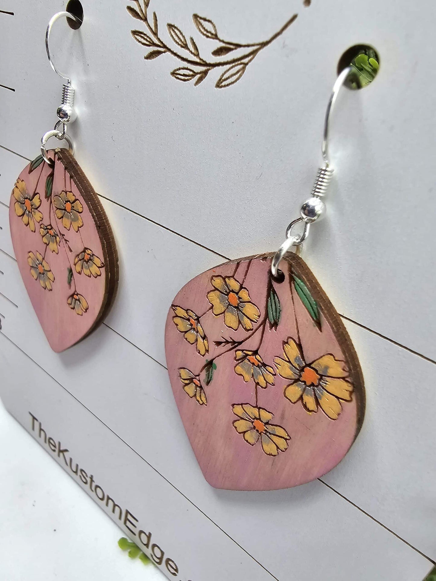 Hand Painted Flower Wooden Earrings image 1