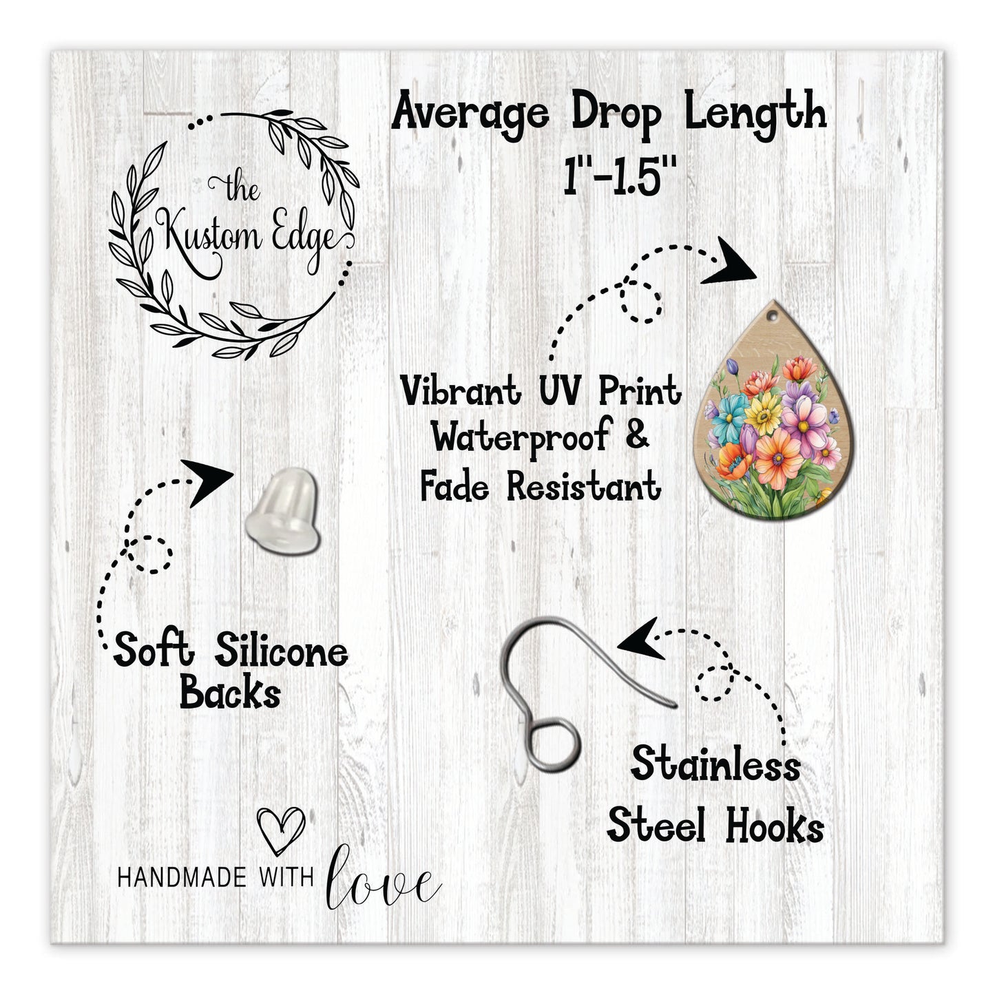 The image is a collage of various items related to the Custom Edge brand, including a teardrop-shaped earring, a silicone back, a stainless steel hook, and a drop length of 1-15".