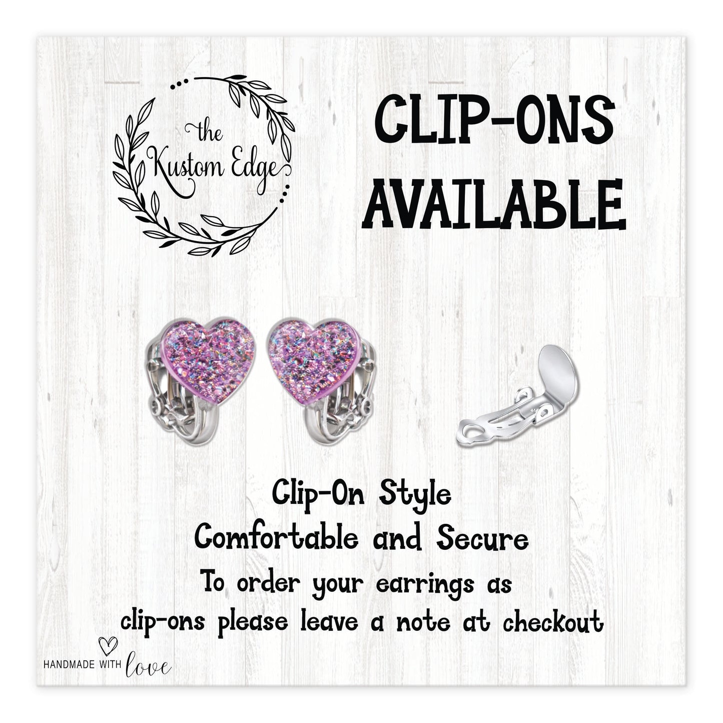 The image is an advertisement for clip-ons available at The Custom Edge, featuring images of purple heart-shaped earrings and silver clip-ons.