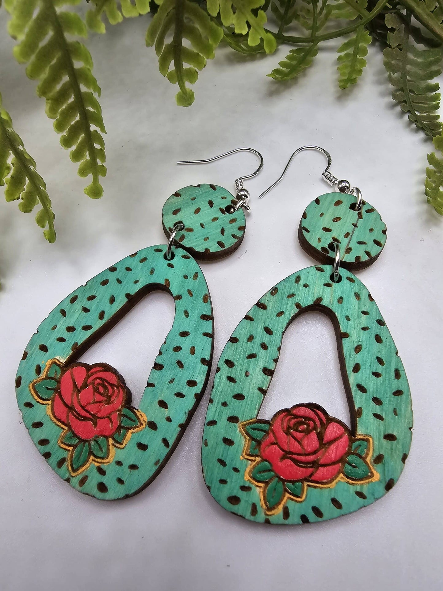 Hand Painted Rose Aqua Wooden Earrings image 1