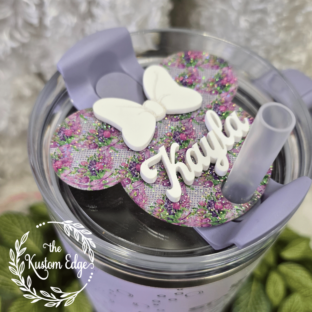 Tumbler Topper, Glitter Purple Spring Flower Mouse Ears image 0