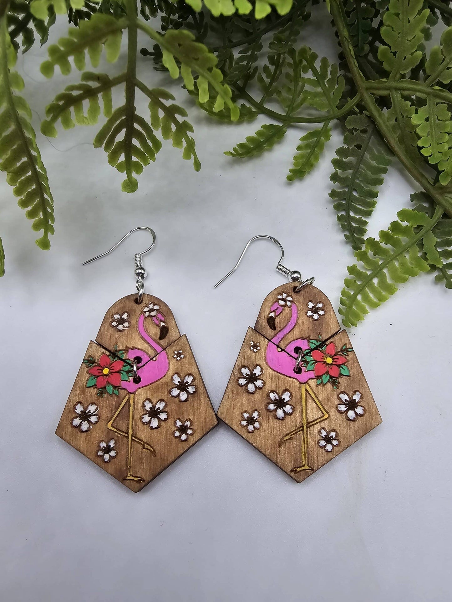 Hand Painted Flamingo Wooden Earrings image 2