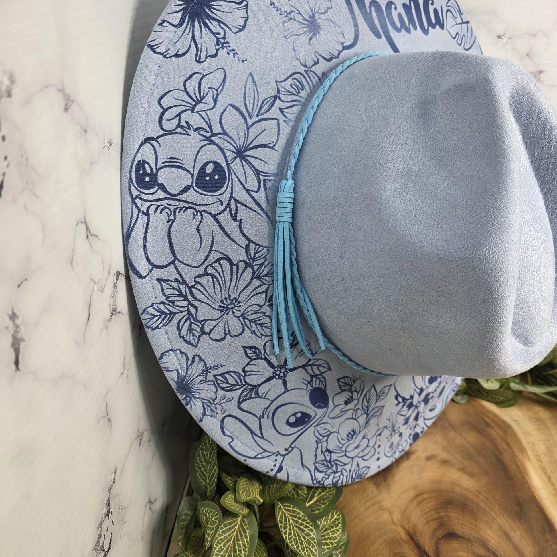 Stitch inspired tropical engraved wide brim hat flat lay