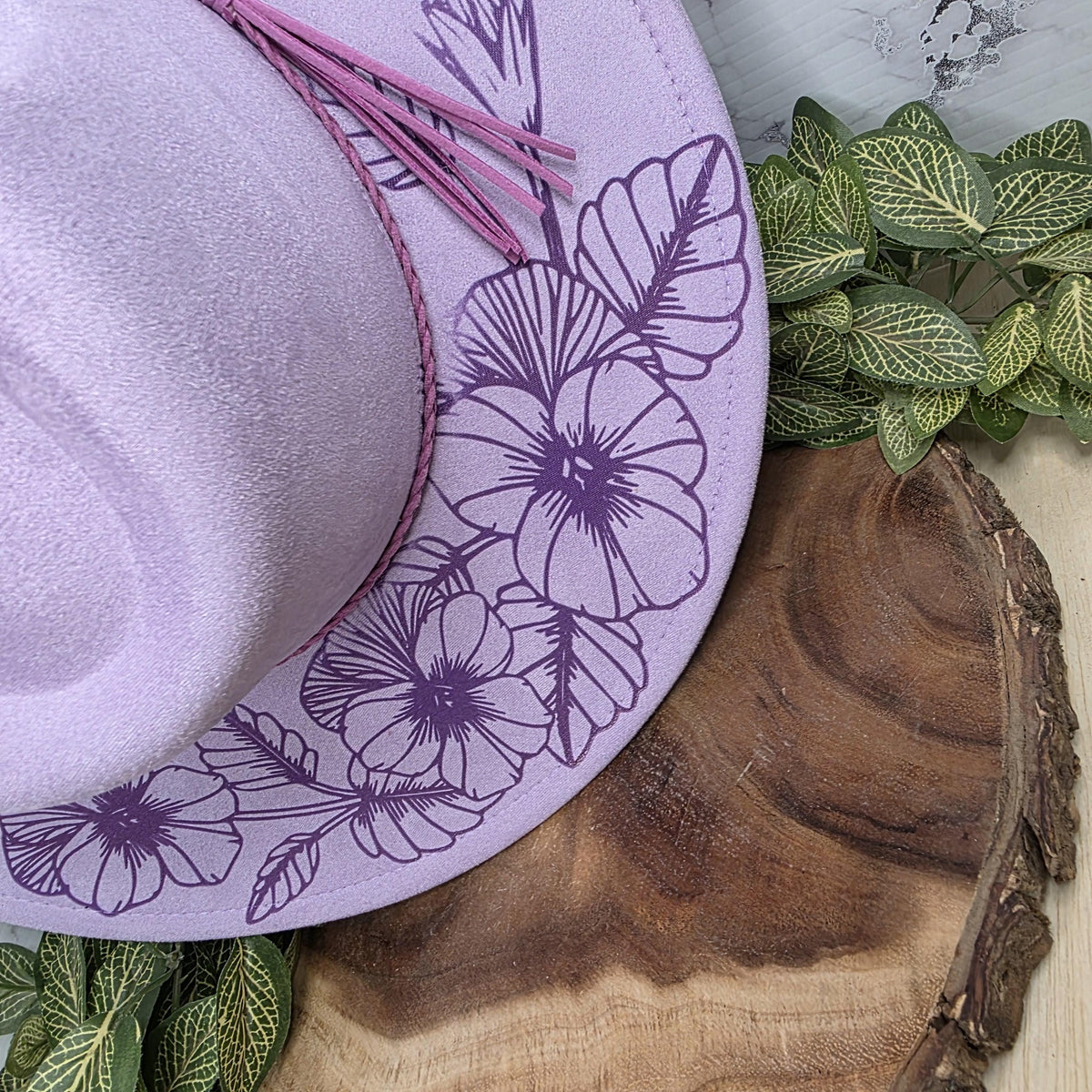 Pansy Floral Wide Brim Hat, Laser Engraved Fedora, Boho Flower Gift, Women's Floral Cap