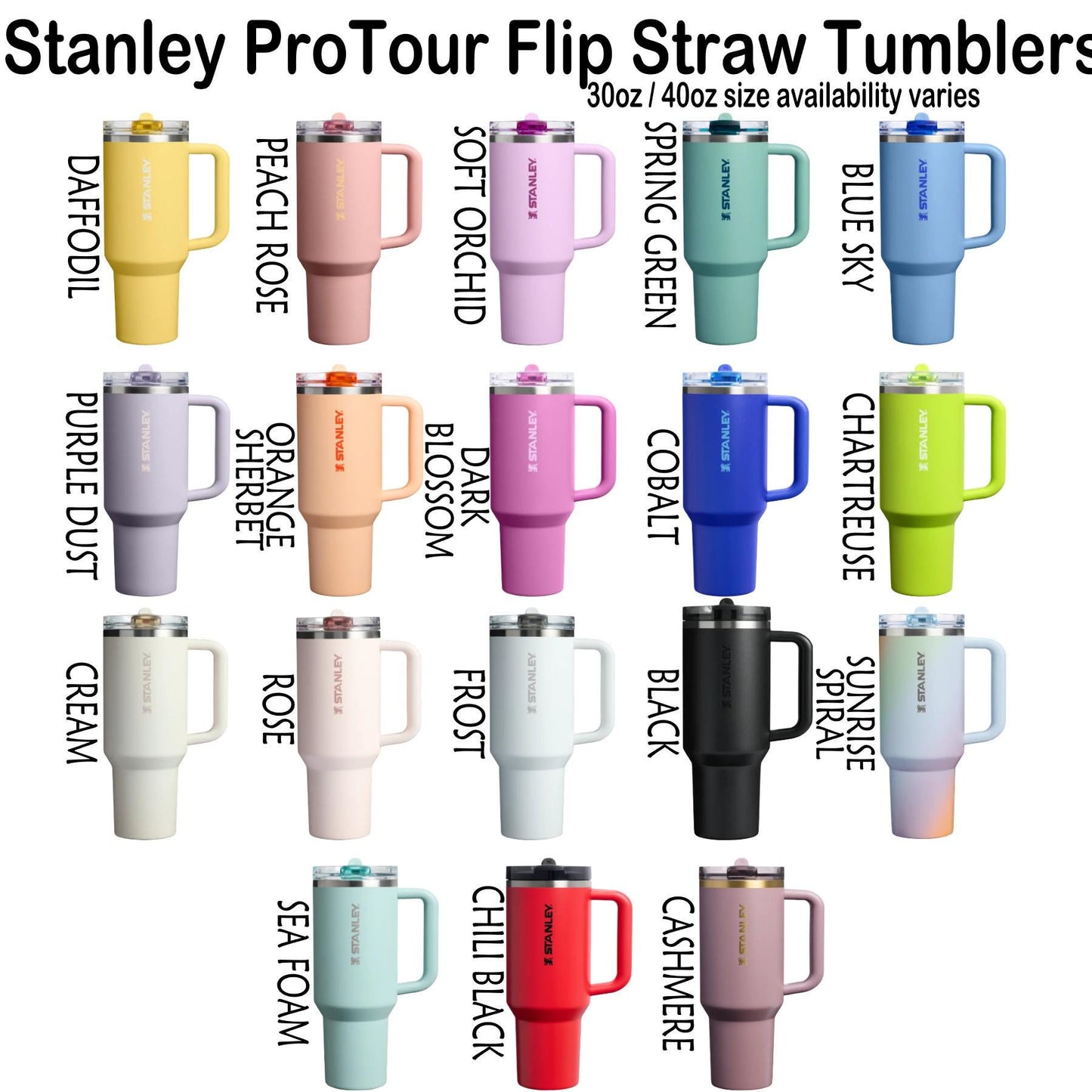 a collection of colorful Stanley ProTour Flip Straw Tumblers in various sizes and colors, including peach, blue sky, green, and more.
