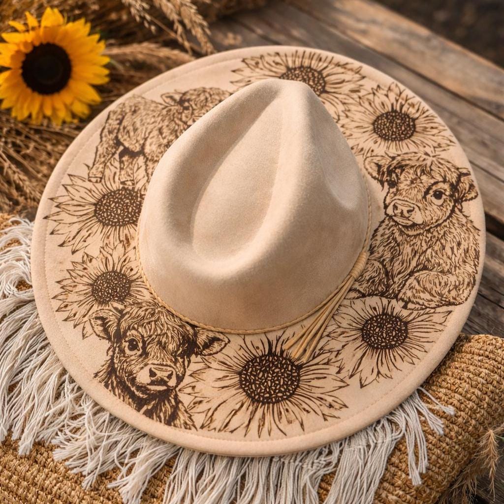 Handmade engraved sunflower cow hat on wide brim vegan suede