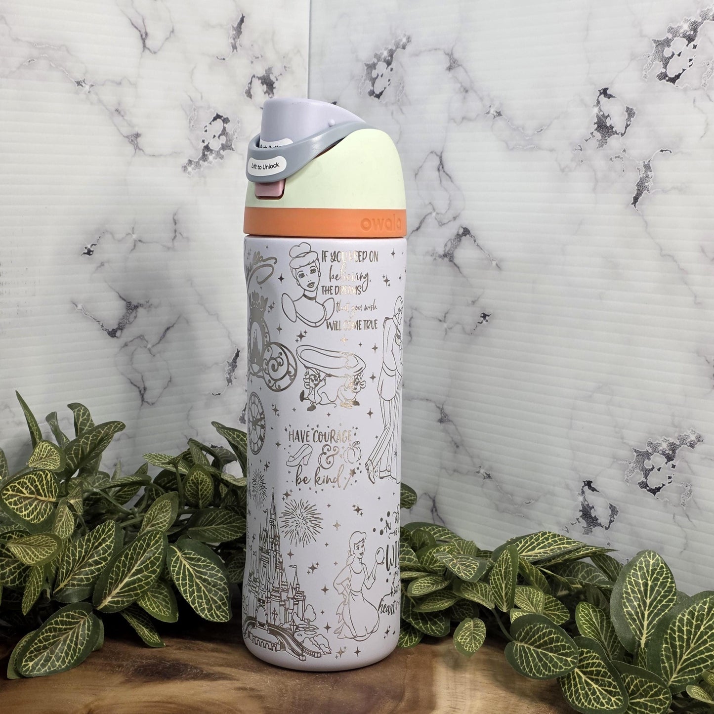Stainless steel Owala tumbler laser engraved storybook princess theme