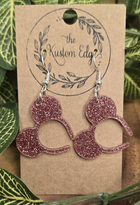 Pink Glitter Mouse Ears Dangle Earrings Glitter Acrylic Laser Cut, Perfect Gift For Her, Handmade Drop Earrings Magical Mouse Ears