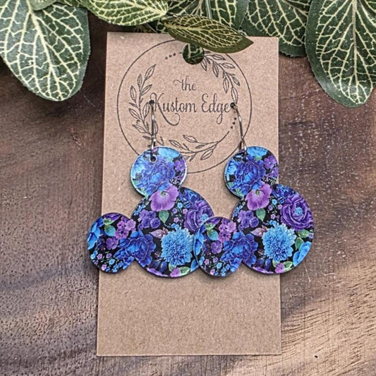 Blue & Purple Flower Mickey Head Acrylic Earrings, Floral Earrings, Lightweight Double Sided