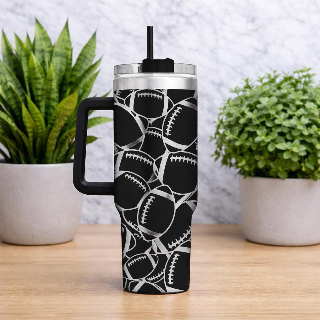 Personalized Football Tumbler with Handle & Straw, Game Day Stainless Steel Cup