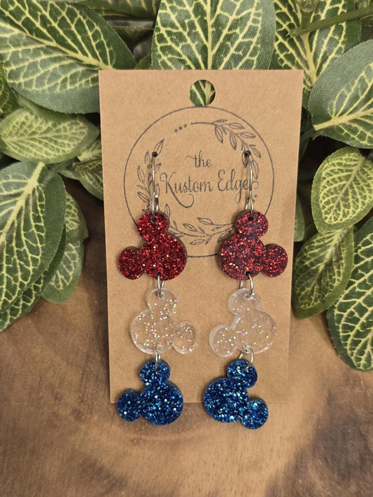 Red White & Blue Glitter Mouse Head Earrings: 4th of July Dangle, Lightweight, Hypyallergenic