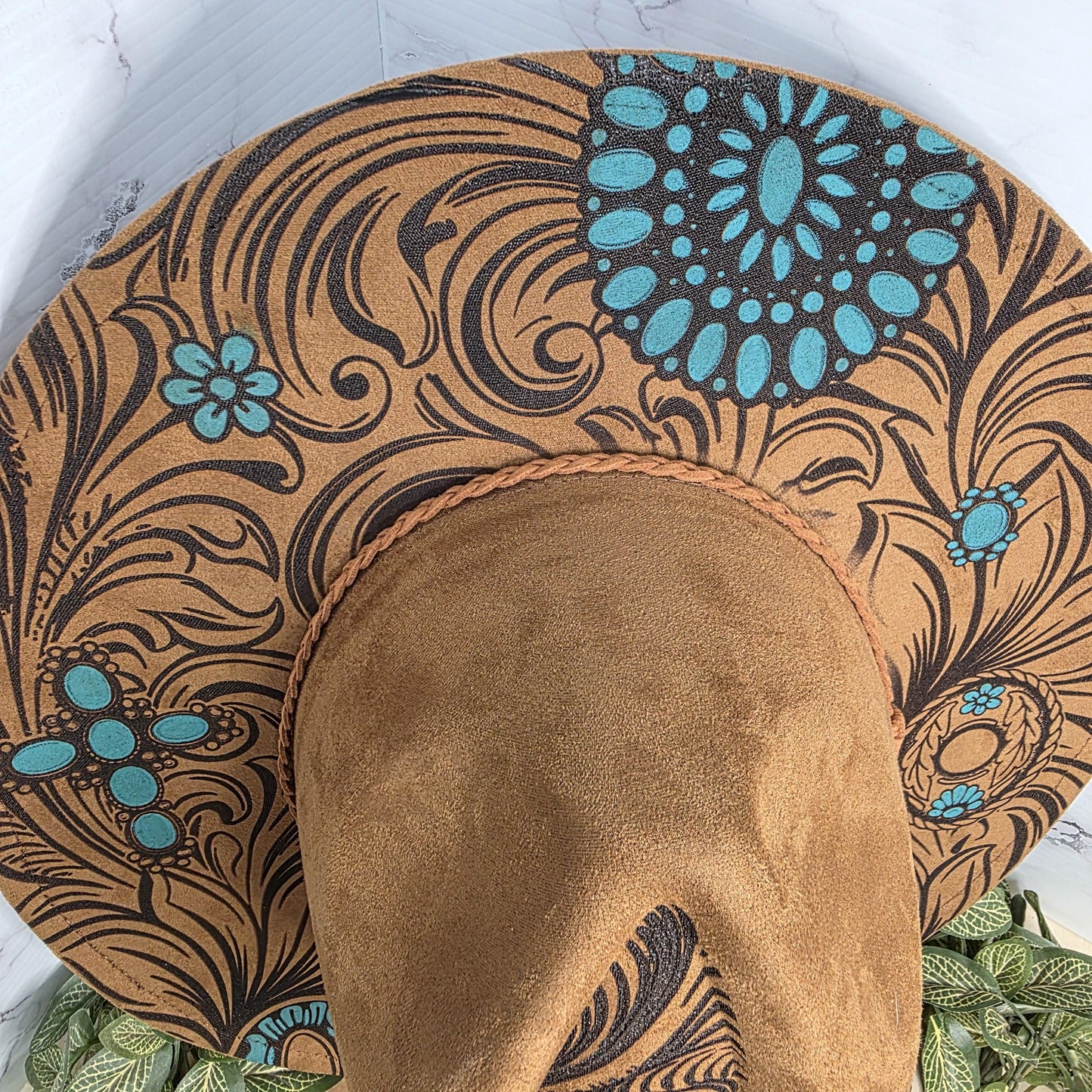 Western Turquoise Engraved Wide Brim Hat, Boho Cowgirl Vegan Suede Fedora, Boutique Rodeo Fashion
