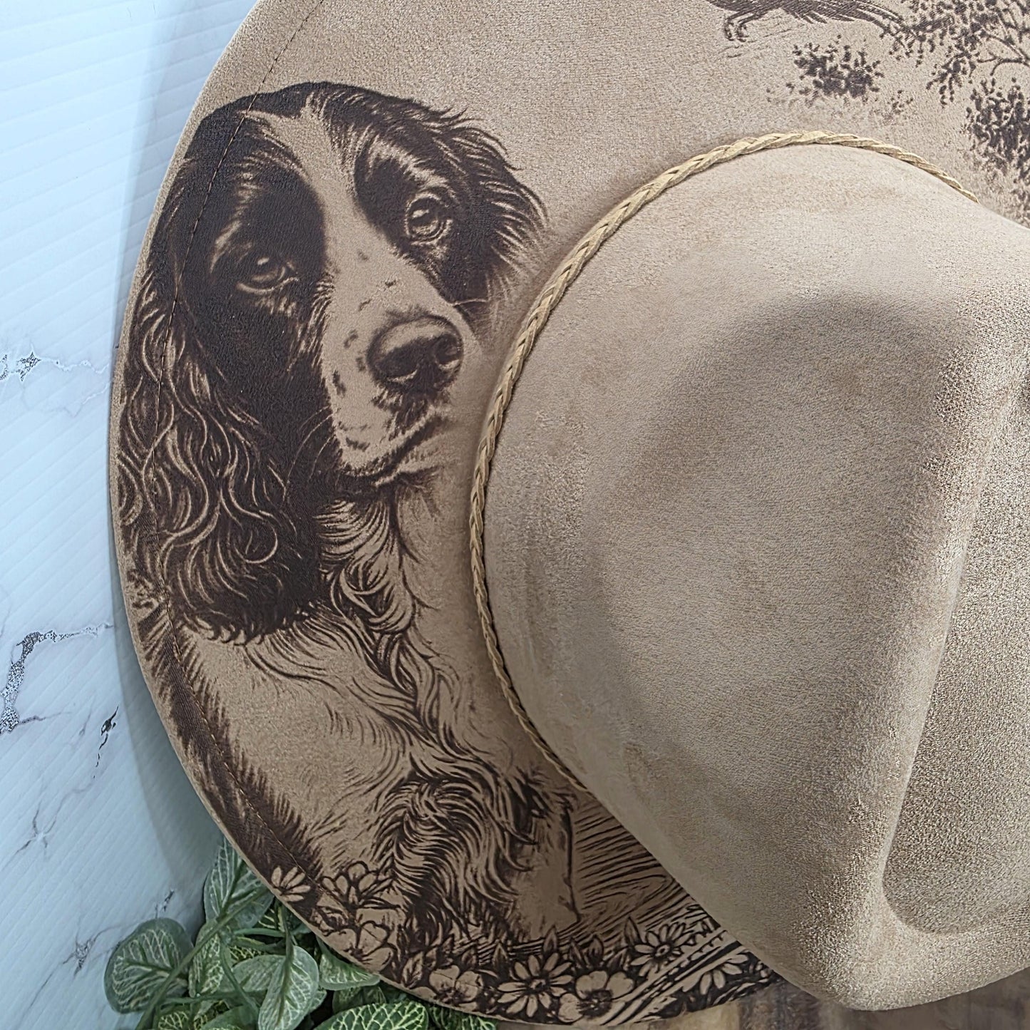 Springer Spaniel Wide Brim Engraved Hat, Hunting Dog Fedora, Pheasant Western Hat, Country Boho Ranch Hat