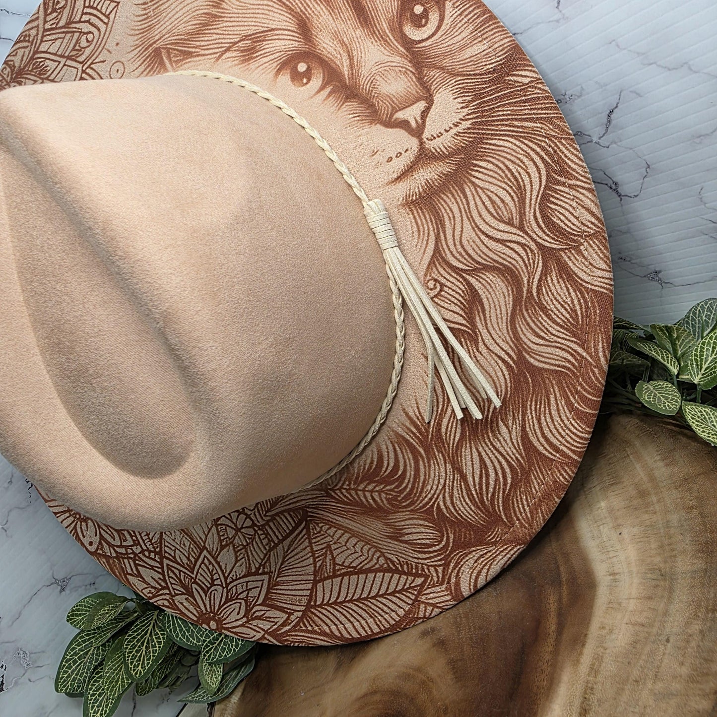Cat Flowers Wide Brim Hat, Feline Lover Boho Gift, Floral Mandala, Unique Pet Portrait