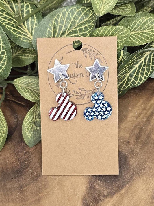 Glitter Stars & Stripes Mouse Head Earrings: Hypoallergenic Patriotic Dangles