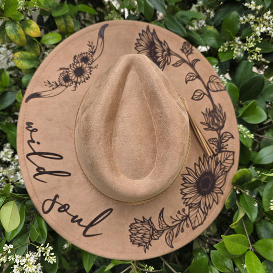Wild Soul Sunflower Wide Brim Hat, Laser Engraved Fedora, Boho Wildflowers, Gift For Her