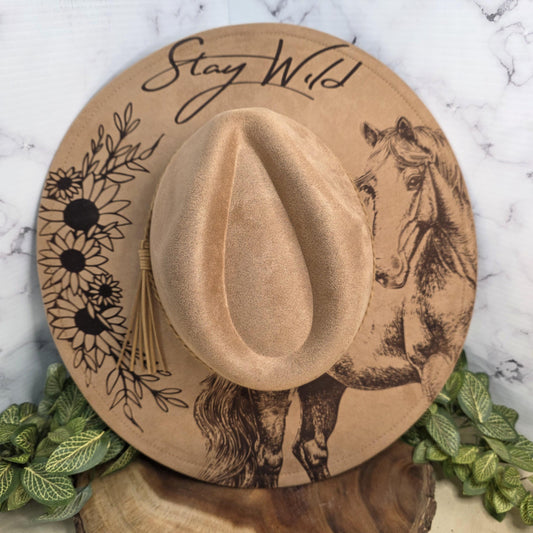 Stay Wild Horse Sunflower Wide Brim Hat Laser Engraved Fedora, Animal Lover Gift