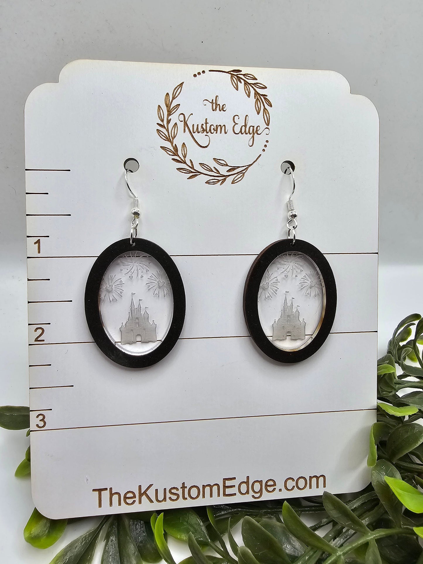 Castle with Fireworks Dangle Earrings, Clear Engraved Acrylic, Laser Cut, Perfect Gift For Her, Handmade Drop Earrings, Magical Earrings