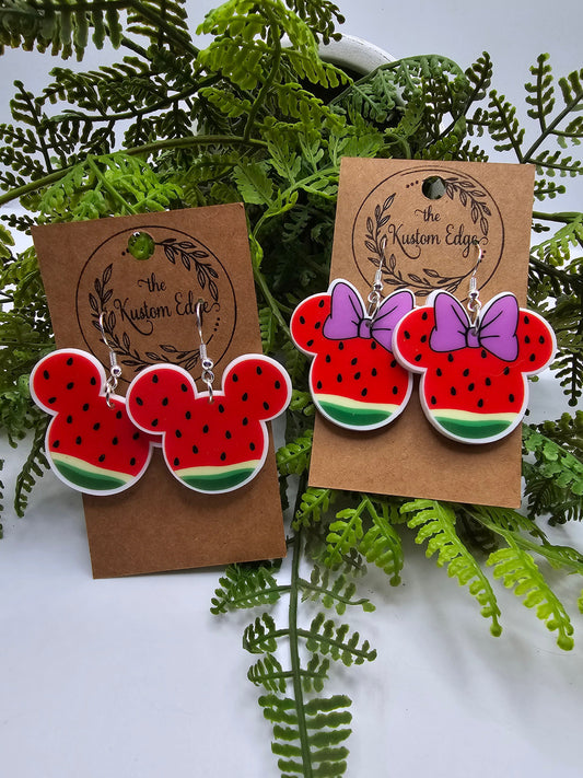 Watermelon Minnie or Mickey Dangle Earrings, Printed on White Acrylic, Laser Cut, Handmade Drop Earrings, Gift, Mouse Fruit Earrings