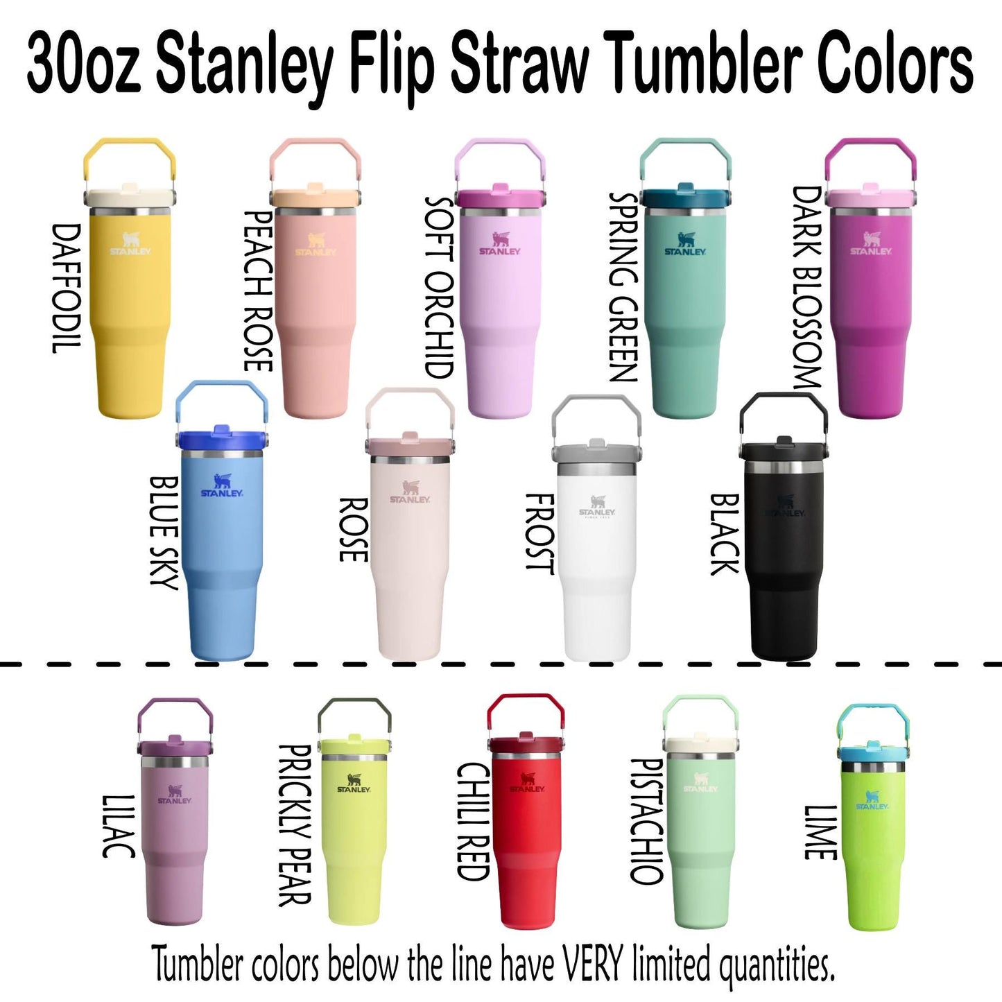 a collection of 30 oz Stanley Flip Straw Tumblers in various colors, including yellow, peach, pink, soft orchid, spring green, dark blossom, blue sky, rose, frost, black, and lime. The tumblers are arranged in rows, with each row representing a different color. The image also includes a caption that states that the tumbler colors below the line have very limited quantities.