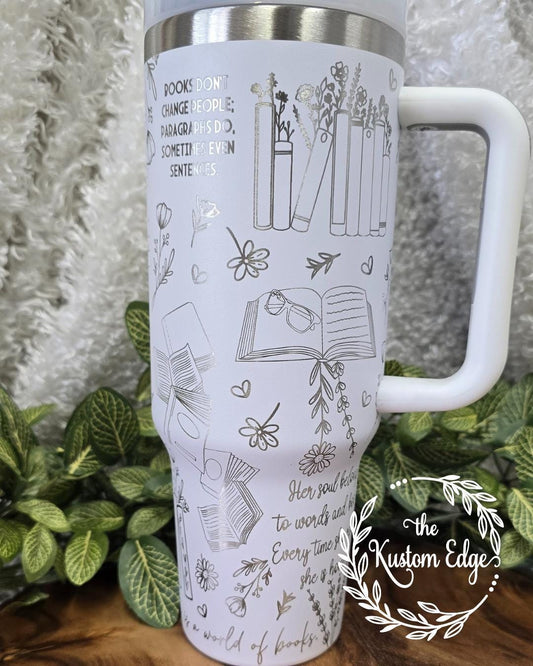 Book Lover Tumbler: Flowers & Books Stainless Steel Cup. Laser Engraved 30oz/40oz Mug
