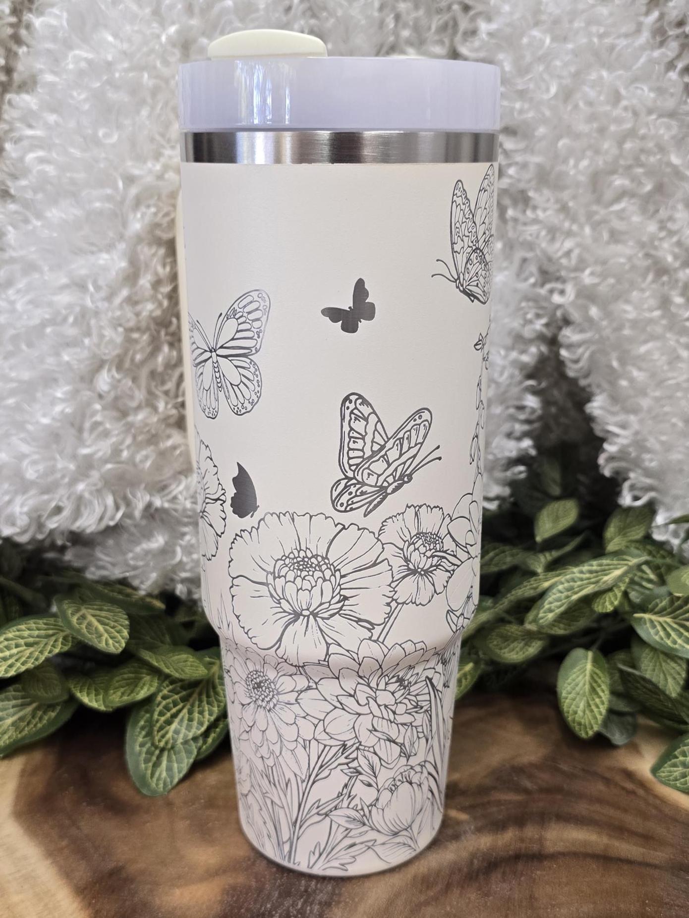 Wild Flower & Butterflies Laser Engraved Tumbler 40oz, 30oz Cup, Nature Lover Cup, Garden Gift