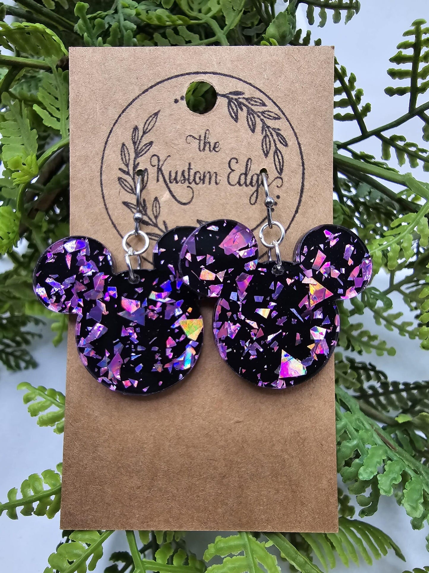 Black and Pink Glitter Confetti Mouse Head Acrylic Earrings image 0