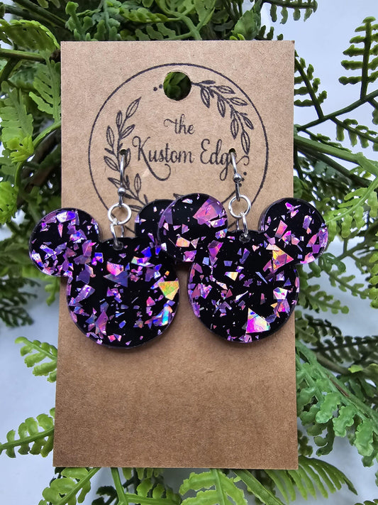 Black and Pink Glitter Confetti Mouse Head Acrylic Earrings image 0