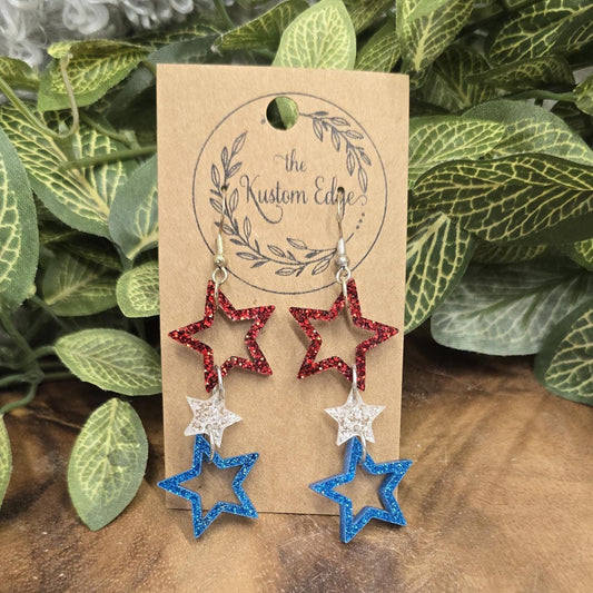 Red White and Blue Star Dangle Earrings: Glitter Acrylic Patriotic Jewelry