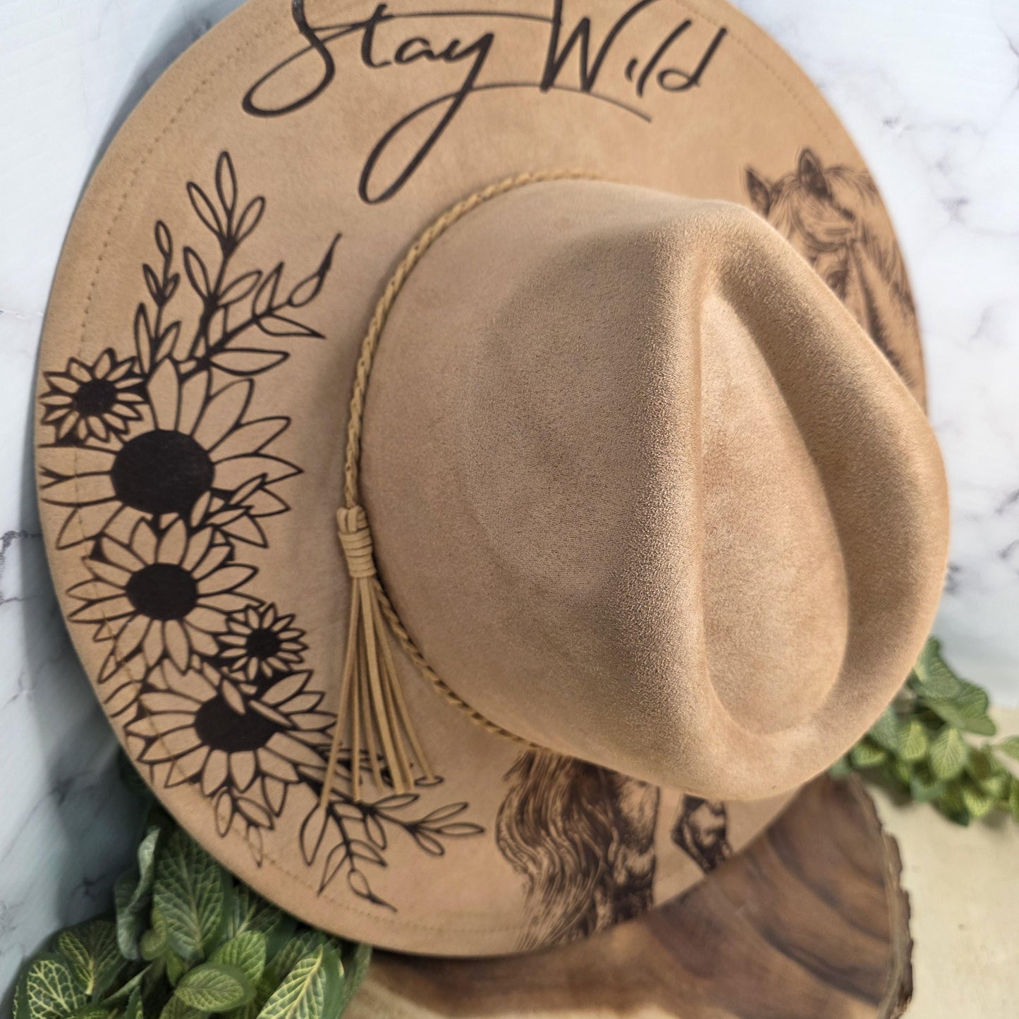 Stay Wild Horse Sunflower Wide Brim Hat Laser Engraved Fedora, Animal Lover Gift
