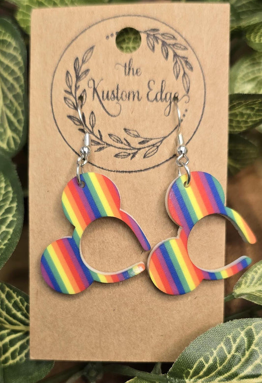 Rainbow Mouse Ears Dangle Earrings Glitter Acrylic Laser Cut, Perfect Gift For Her Handmade Drop Earrings Magical Mouse Ears, Pride Earrings