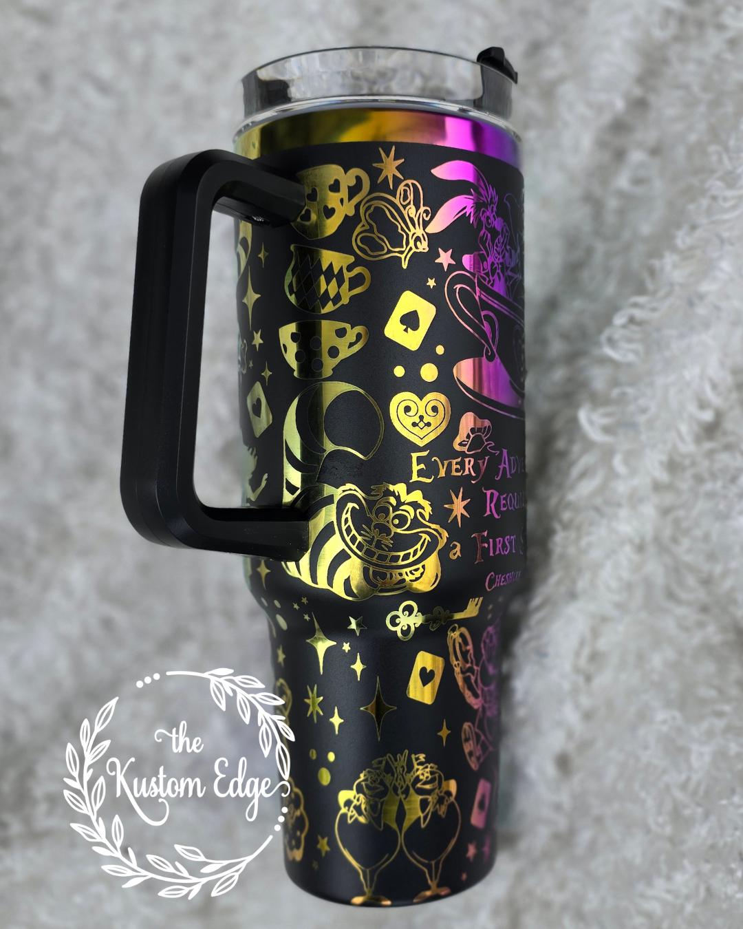 Alice in Wonderland Rainbow Engraved Tumbler: Custom 40oz Stanley Style Stainless Steel Cup