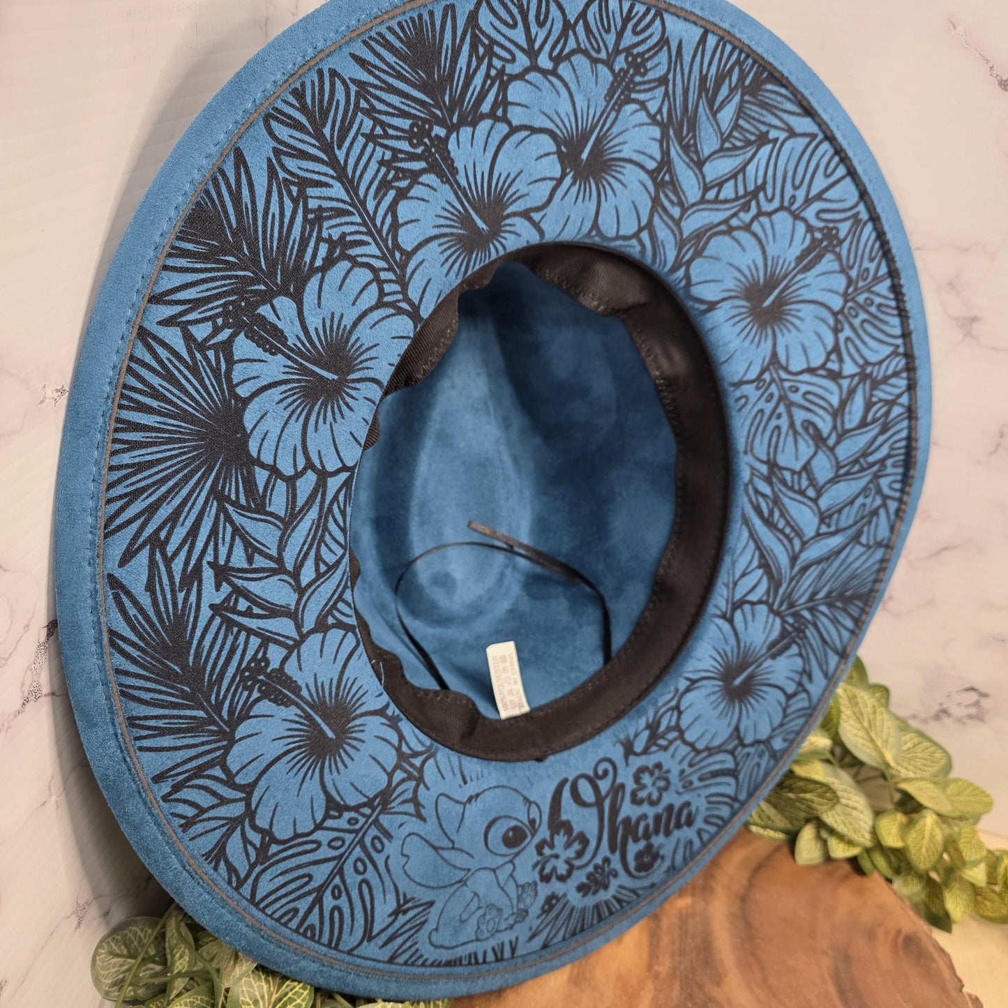 Summertime Stitch Fedora Burned Hat, Silly Alien, Characters, Boho Vegan Suede Wide Brim Hat