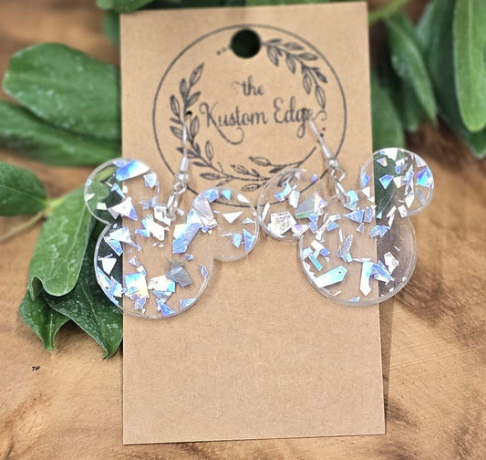 Holographic Flake Mouse Earrings: Laser Cut Acrylic Dangles