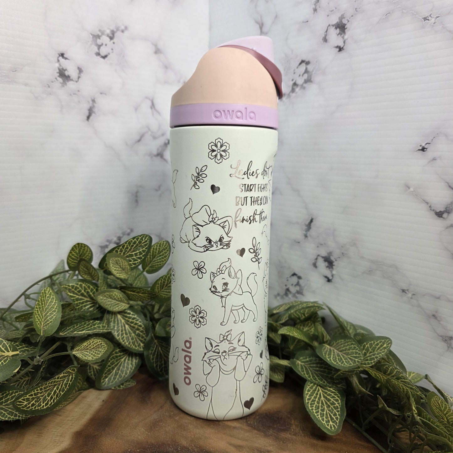Marie Sassy Cat Engraved Owala Tumbler, Kitten Water Bottle Girly Gift, Cat Lover Cup
