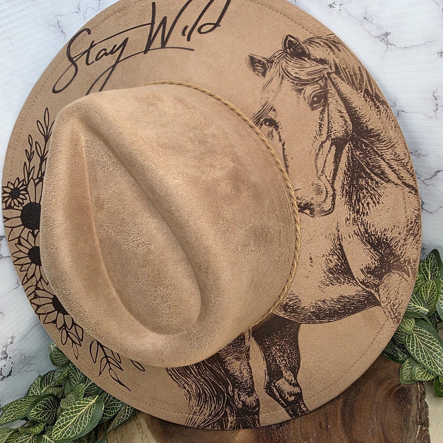 Stay Wild Horse Sunflower Wide Brim Hat Laser Engraved Fedora, Animal Lover Gift