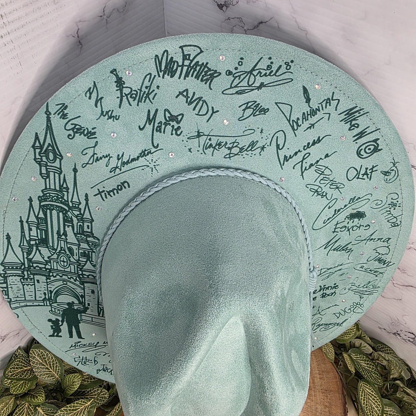 Fairytale Signature and Castle Engraved Wide Brim Hat, Rhinestone Western Fedora, Fantasy Inspired