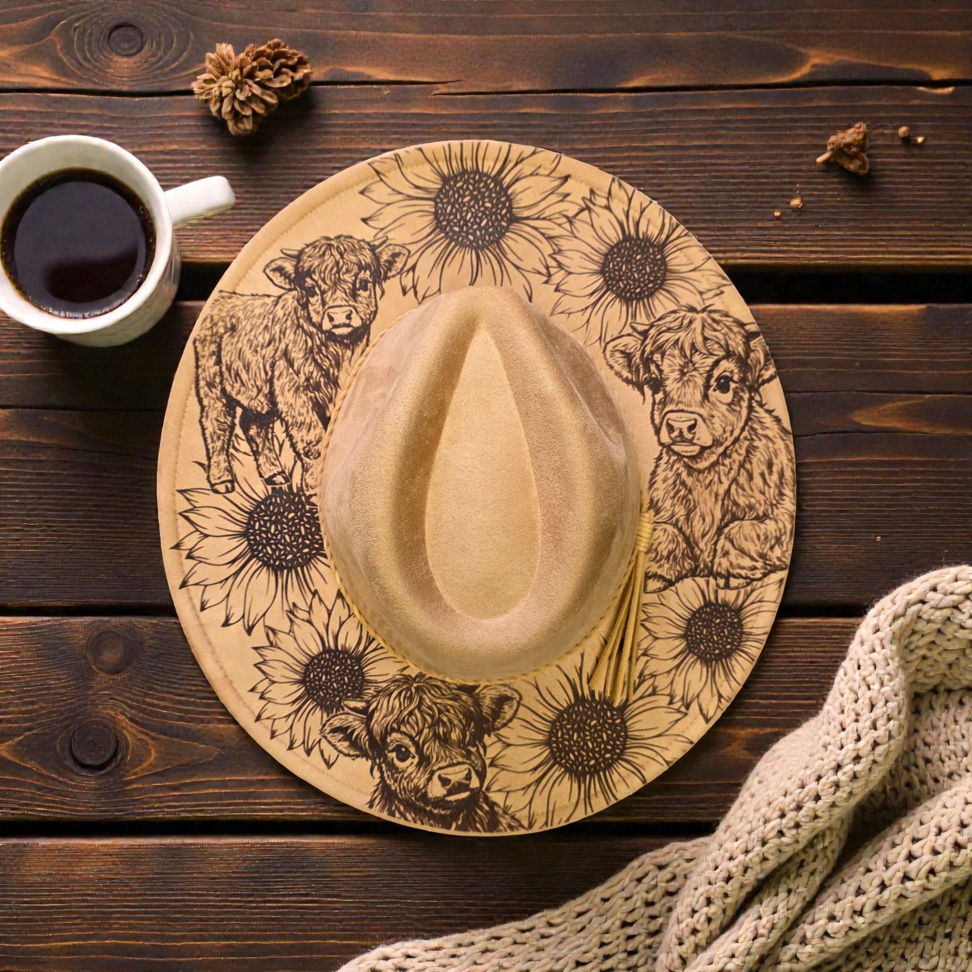 Laser engraved vegan suede hat with sunflowers and highland cows design