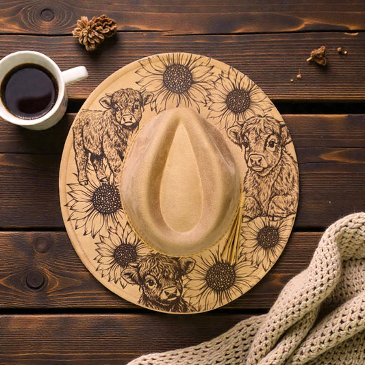 Laser engraved vegan suede hat with sunflowers and highland cows design