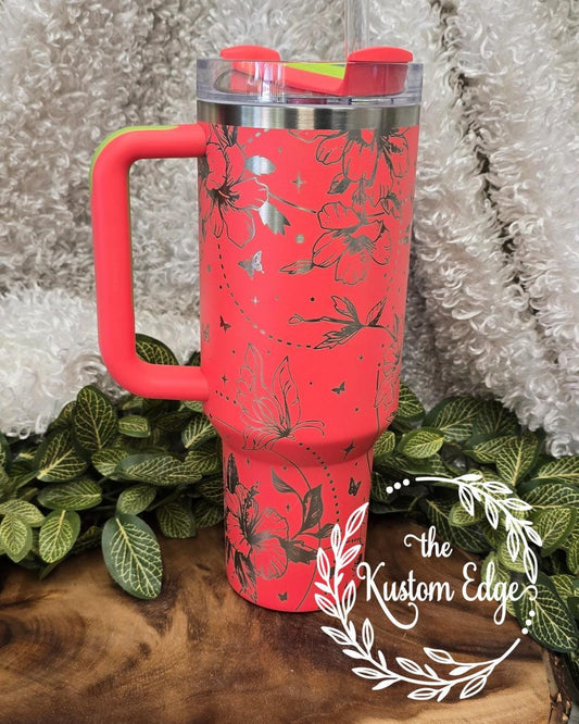 Laser Engraved Hibiscus Flower Tumbler: Personalized Stainless Steel Cup