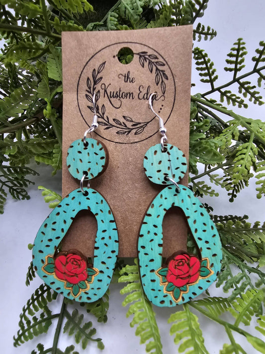 Hand Painted Rose Aqua Wooden Earrings image 0