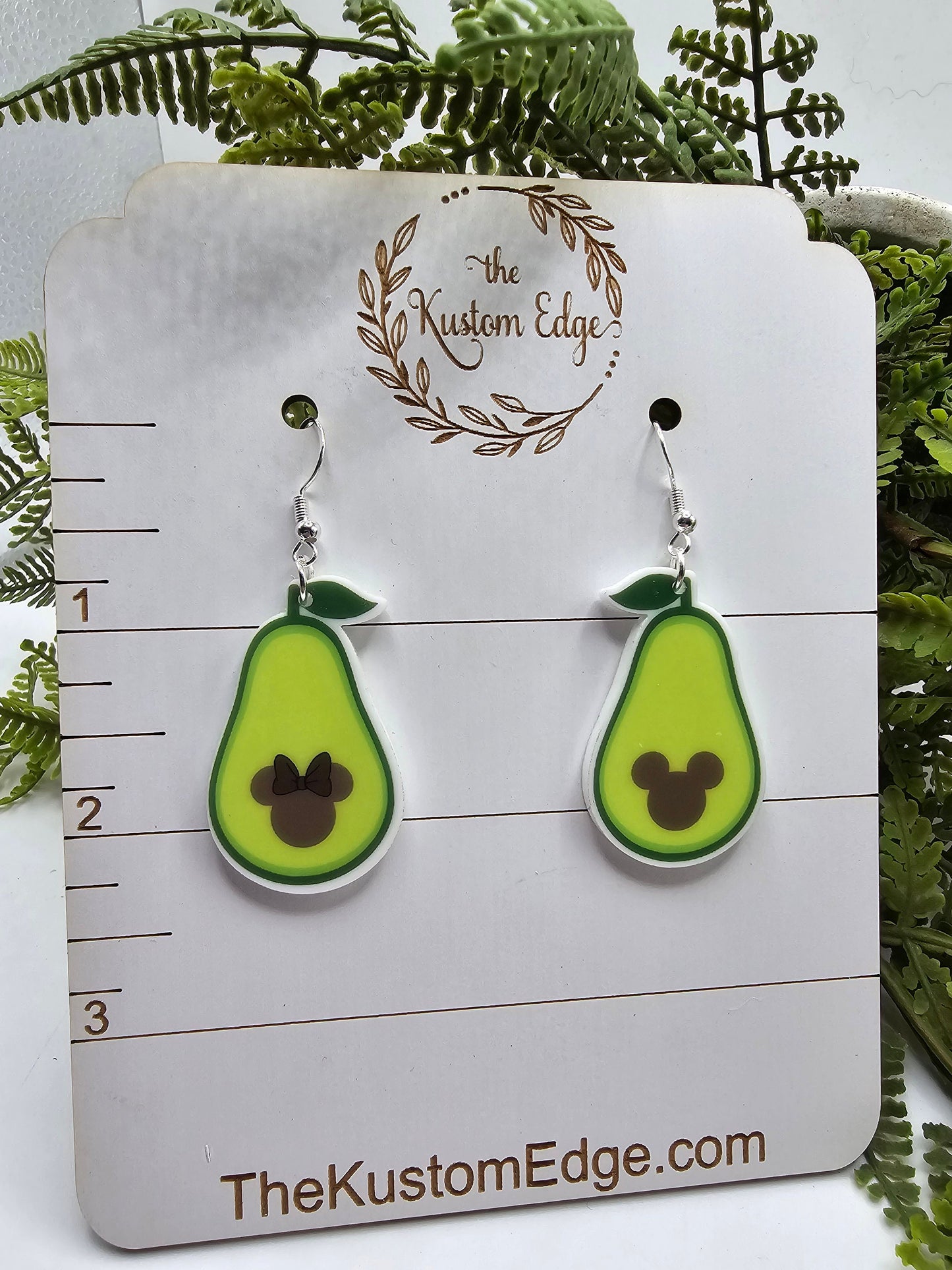 Avocado Minnie or Mickey Pit Dangle Earrings, Printed on White Acrylic, Laser Cut, Handmade Drop Earrings, Gift, Mouse Fruit Earrings