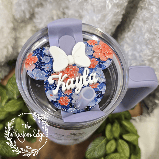 Blue and Coral Flowers Glitter Mouse Ears Tumbler Topper image 0