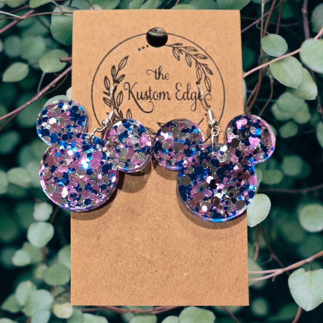 Mouse Head Confetti Glitter Earrings, Pink, Blue & Silver  Acrylic, Laser Cut, Handmade Magical Dangle